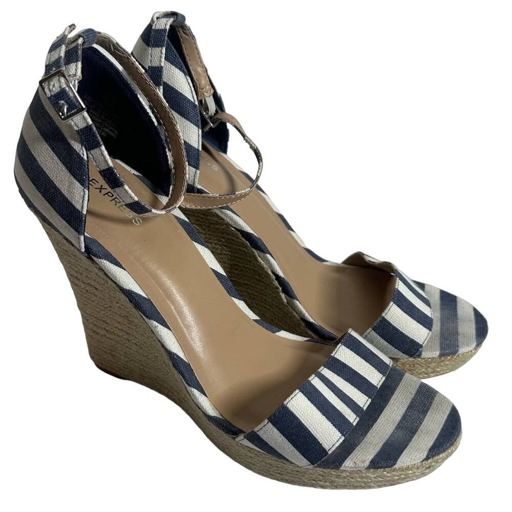 Express Women's Striped Wedge Heels Size 10 Navy White Open Toe Summer Vacation